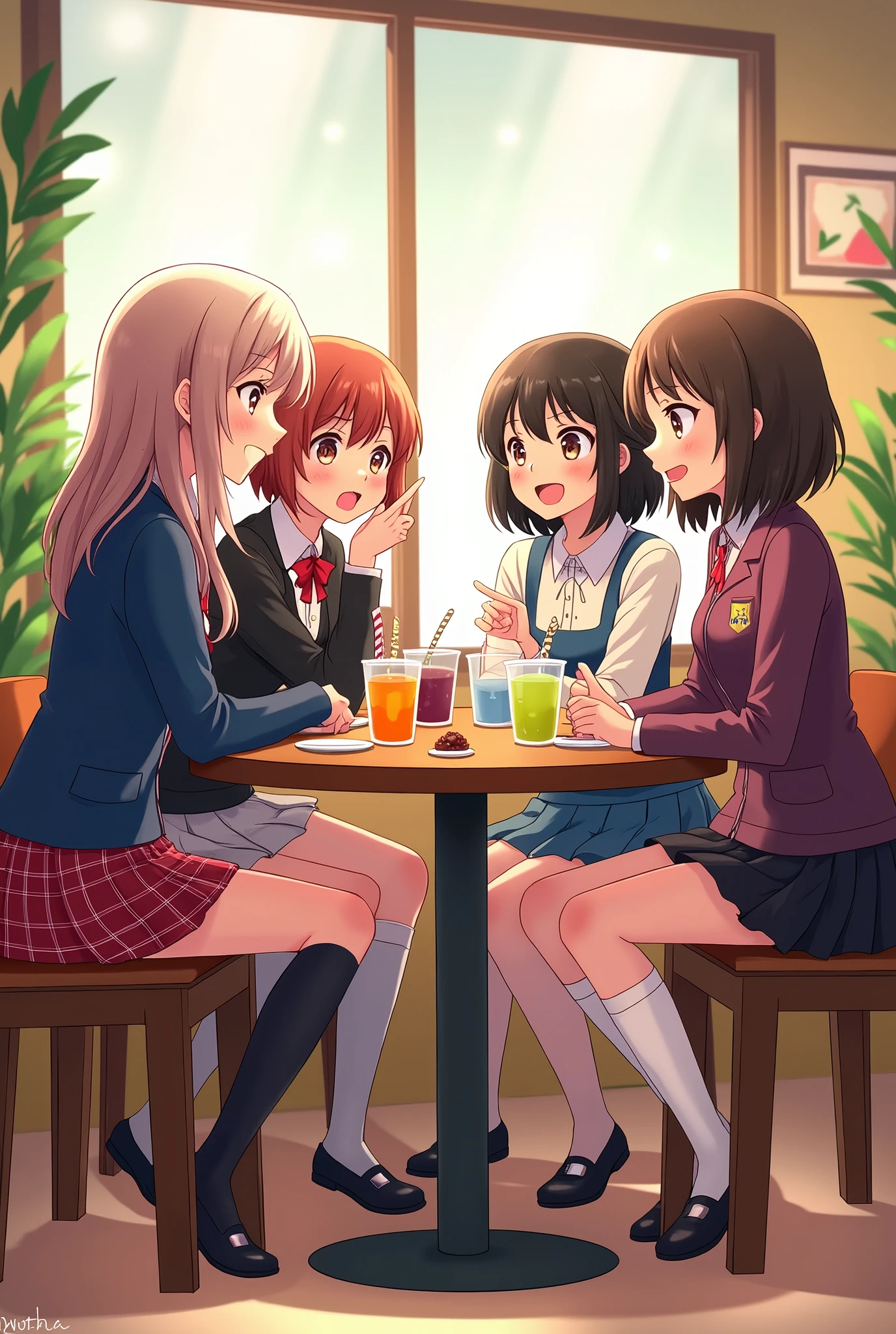 3D image of four girls sitting together in a café, wearing different school uniforms. They are talking, and holding their drinks. cartoon style