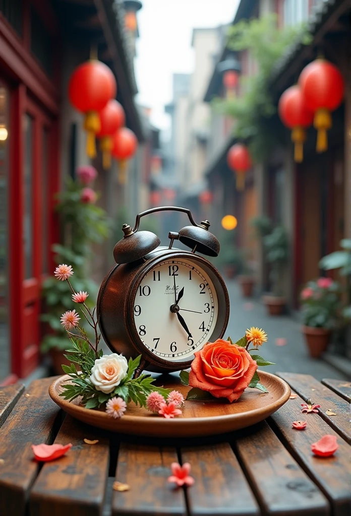 best quality, On the table, Ultra-high resolution, (Photo-realistic:1.4), Surrealism, like a dream,fusion art,Beijing hutong streets in the background