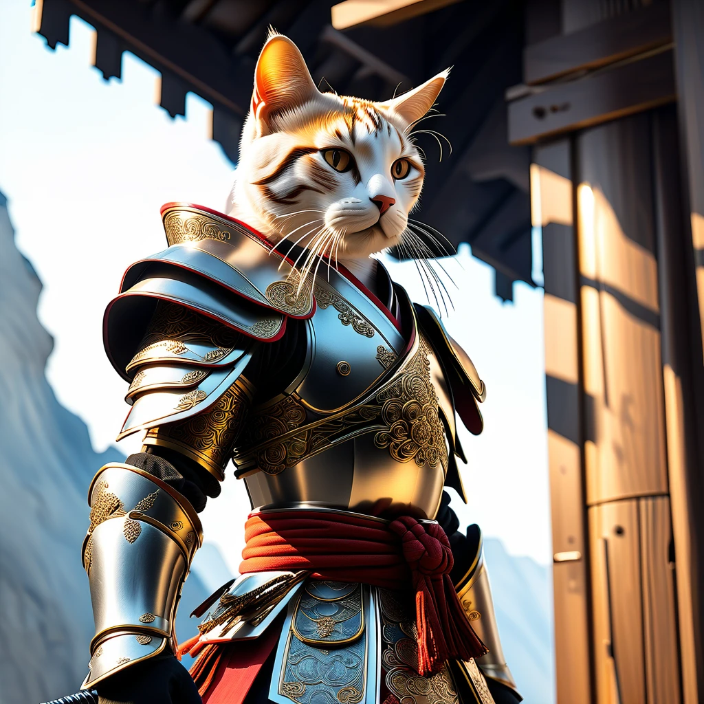 Anthropomorphic Cat in full samurai armour, photorealistic, standing in front of a temple, in the moonlight, view from below looking up