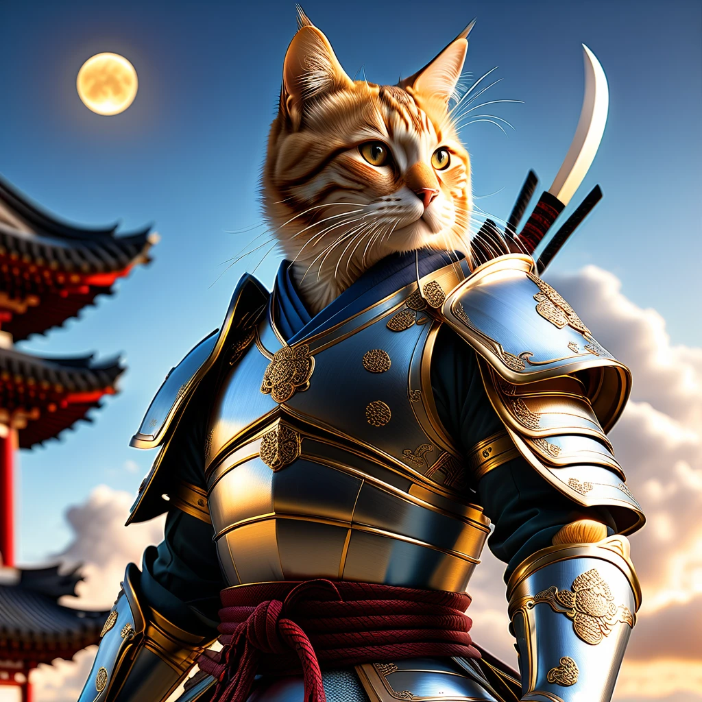 Anthropomorphic Cat in full samurai armour, photorealistic, standing in front of a temple, in the moonlight, view from below looking up