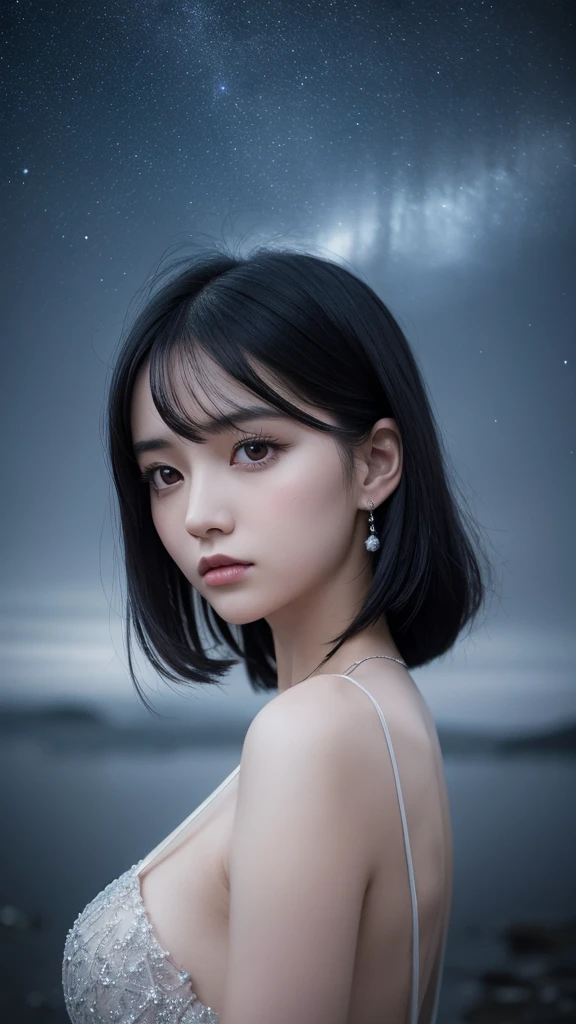 Delicate and dainty young woman with shiny black hair . She is wearing bright grey. The background is a fantastic and ethereal night sky that seems to be haunted by a specter. Her expression is stern and atmospheric. Angle from directly below. 