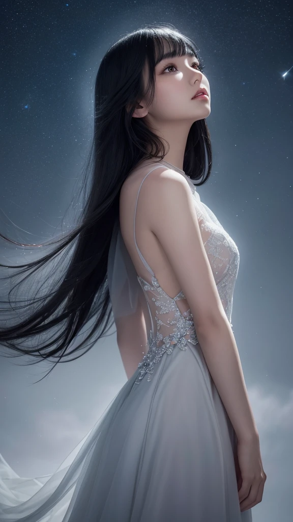 Delicate and dainty young woman with shiny black hair . She is wearing bright grey. The background is a fantastic and ethereal night sky that seems to be haunted by a specter. Her expression is stern and atmospheric. Angle from directly below.