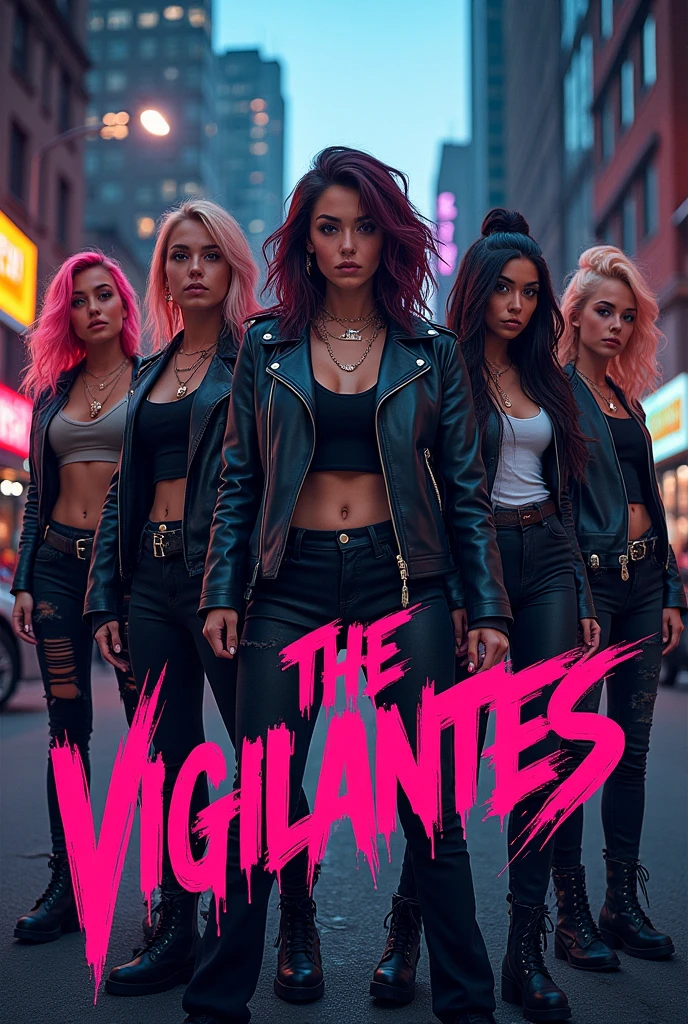 A slogan illustration of the word "THE VIGILANTES" with something girls on the background badass girls