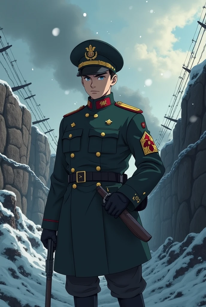 Anime Nazi soldier during cold war in an trench holding a gun wearing an officer hat