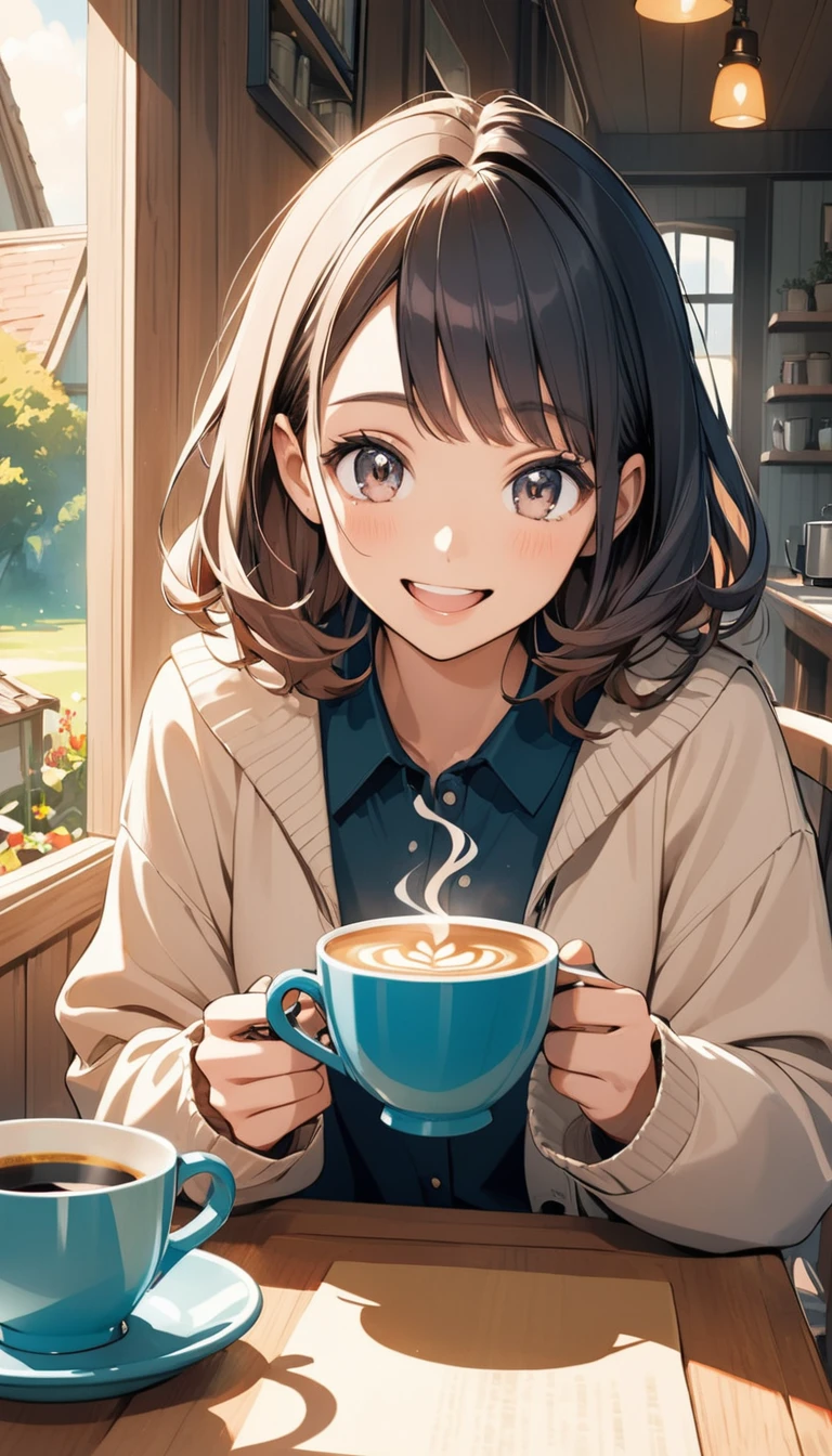 house, novel style, happy girl taking one coffee