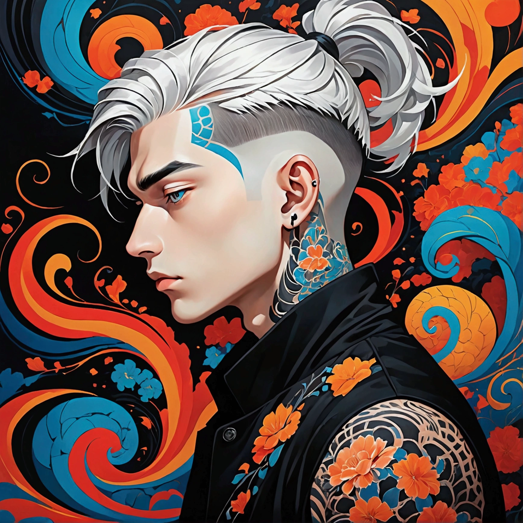 **Prompt:** A striking digital art piece, featuring a boy with white  ponytail hair, Piercing ears, Dark vibe, Confidence, styled in a sleek and modern manner, looking downward with a contemplative expression. His skin is adorned with intricate tattoos that contrast against his pale complexion. The background is vivid Black, designed in a captivating illusion art style, with swirling patterns and abstract shapes that create a sense of depth and movement. The overall aesthetic is intense, with sharp lines and bold colors, giving the image a modern and edgy feel. The boy's presence dominates the composition, making him the focal point of this visually dynamic artwork. 

