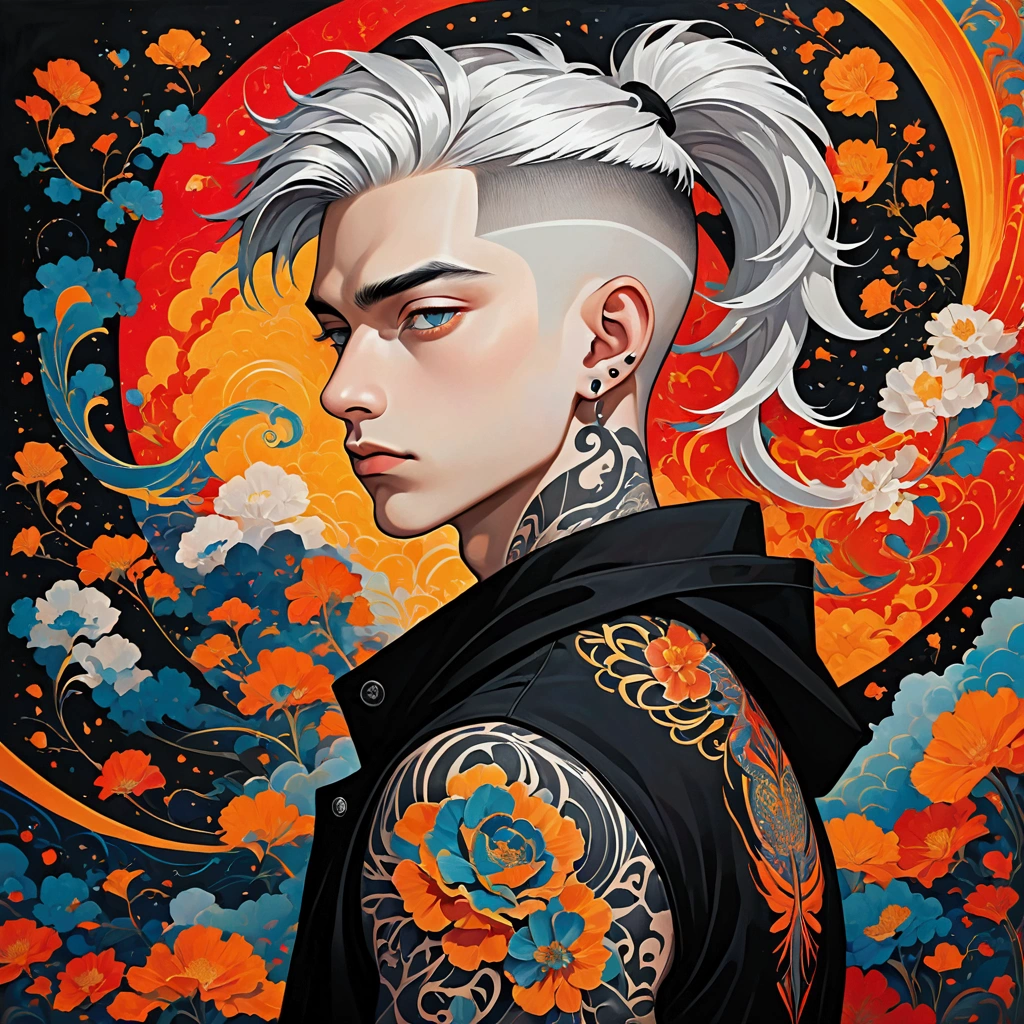 **Prompt:** A striking digital art piece, featuring a boy with white ponytail hair, Piercing ears, Dark vibe, Confidence, styled in a sleek and modern manner, looking downward with a contemplative expression. His skin is adorned with intricate tattoos that contrast against his pale complexion. The background is vivid Black, designed in a captivating illusion art style, with swirling patterns and abstract shapes that create a sense of depth and movement. The overall aesthetic is intense, with sharp lines and bold colors, giving the image a modern and edgy feel. The boy's presence dominates the composition, making him the focal point of this visually dynamic artwork.
