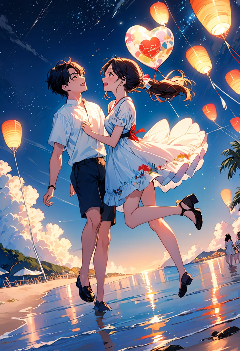 (Highest quality、Very detailed、Real:1.37)、humor、Seaside、night、Starry Sky、Manga style、Desaturate、and、Fun couple、Laughter、Floating Love、