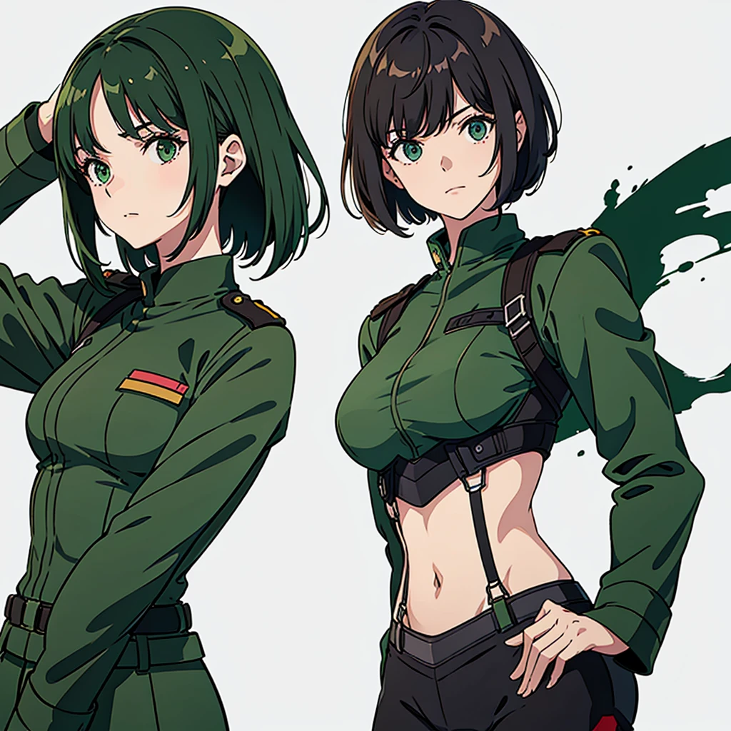 A short, short-haired, not large-breasted woman in a dark green military uniform is depicted facing forward against a white background.