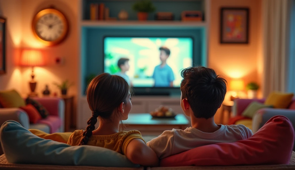 A whimsical scene where a female character, a 'มนุษย์จิ๋ว' (tiny person), is sitting comfortably on a couch next to a man in a cozy living room. They are both watching a comedy film on a large TV screen, which is casting a warm, inviting glow across the room. The tiny woman is seated on a cushion or a makeshift seat, while the man is casually relaxed beside her. The room is decorated with soft lighting, cozy furniture, and perhaps some humorous or quirky elements that reflect their personalities. Both are laughing and enjoying the movie, their expressions full of joy and amusement. The atmosphere is one of warmth and companionship, capturing a moment of shared entertainment and fun.