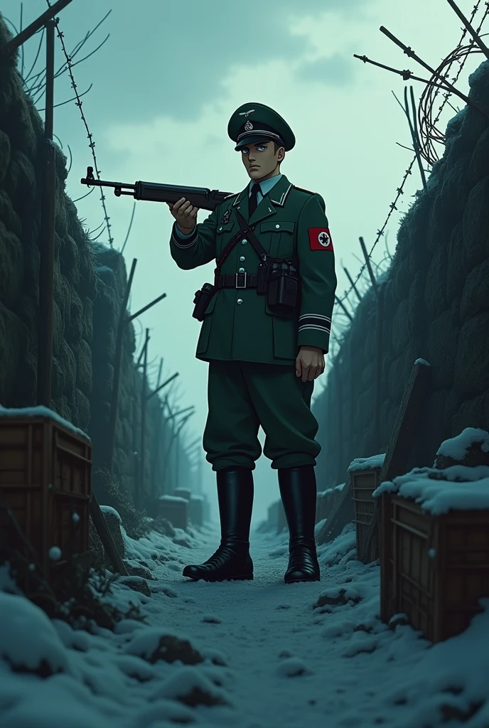 Anime Nazi soldier during cold war in an trench holding a gun wearing an officer hat