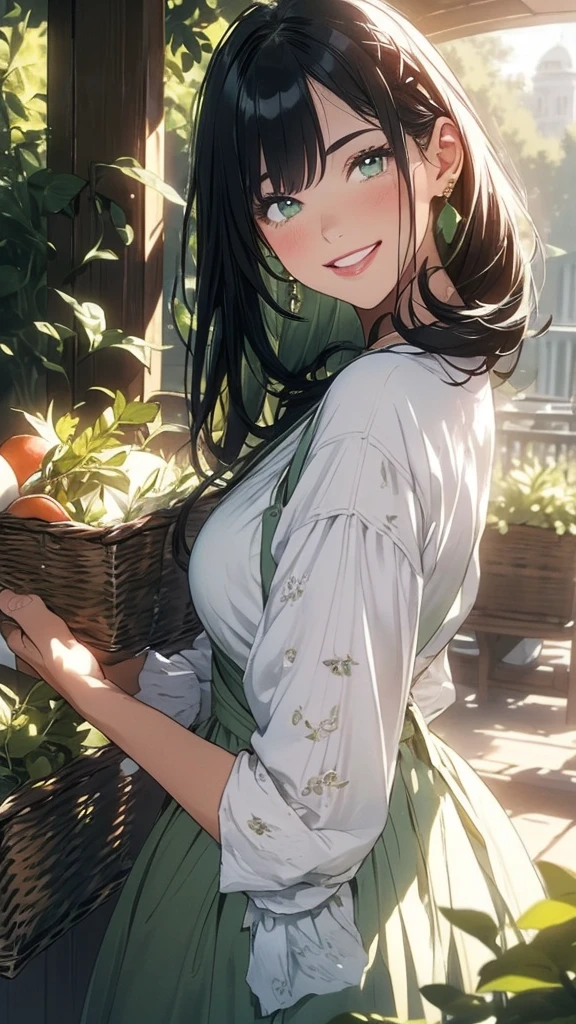 masterpiece, Highest quality, Very detailed, Beautiful lighting, and, White apron, Black Hair, (Green Eyes: 1.3), Are standing, The park is off-limits, Beautiful views, Mild hot flashes, smile, (cute smile: 1,1), (Bright lips: 1,1), (Beautiful Eyes: 1,1), Long-haired, Harvesting herbs in the garden,