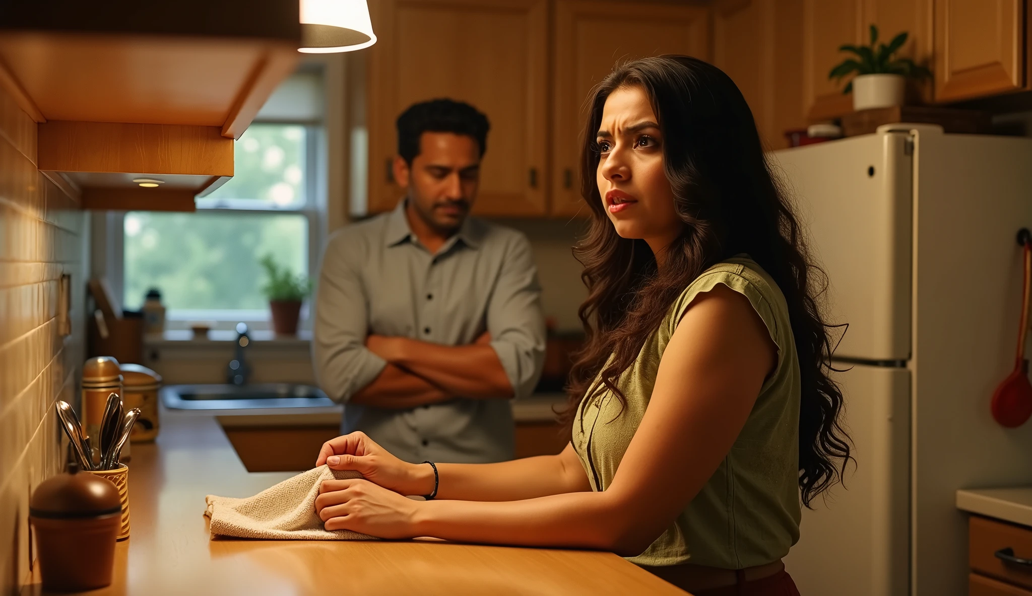Character: Sunaina, appearing confused and anxious, and Abhi, who is calm and slightly dismissive.
Background: The kitchen appears normal, with the lights stable and the tap closed. The image should contrast Sunaina's worried expression with the ordinary appearance of the kitchen, creating a sense of doubt about her experiences. A soft focus on Sunaina’s face could highlight her growing confusion and fear.