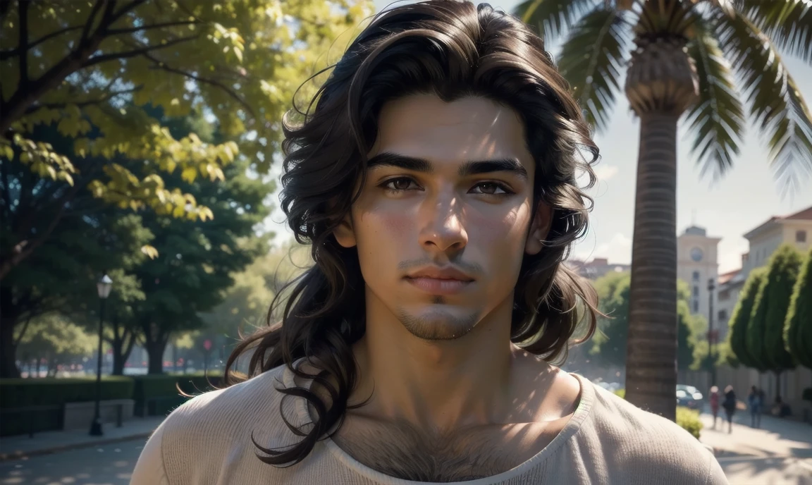 [((highly detailed, detailed eyes, detailed face, clear and realistic facial features, photorealistic, realistic light, cinematic, half-body shot)), ((((1 man)))), Pablo is an attractive and metrosexual 24 year old Latino man with long straight brown hair, dark brown eyes, stubble and full lips who is a professional photographer and holding a camera while standing outside, (((long straight dark brown hair, dark brown eyes, stubble))), (((pretty Latino man))), (((secretive expression))), ((standing in a park)), ((camera hanging arounds his neck)).]