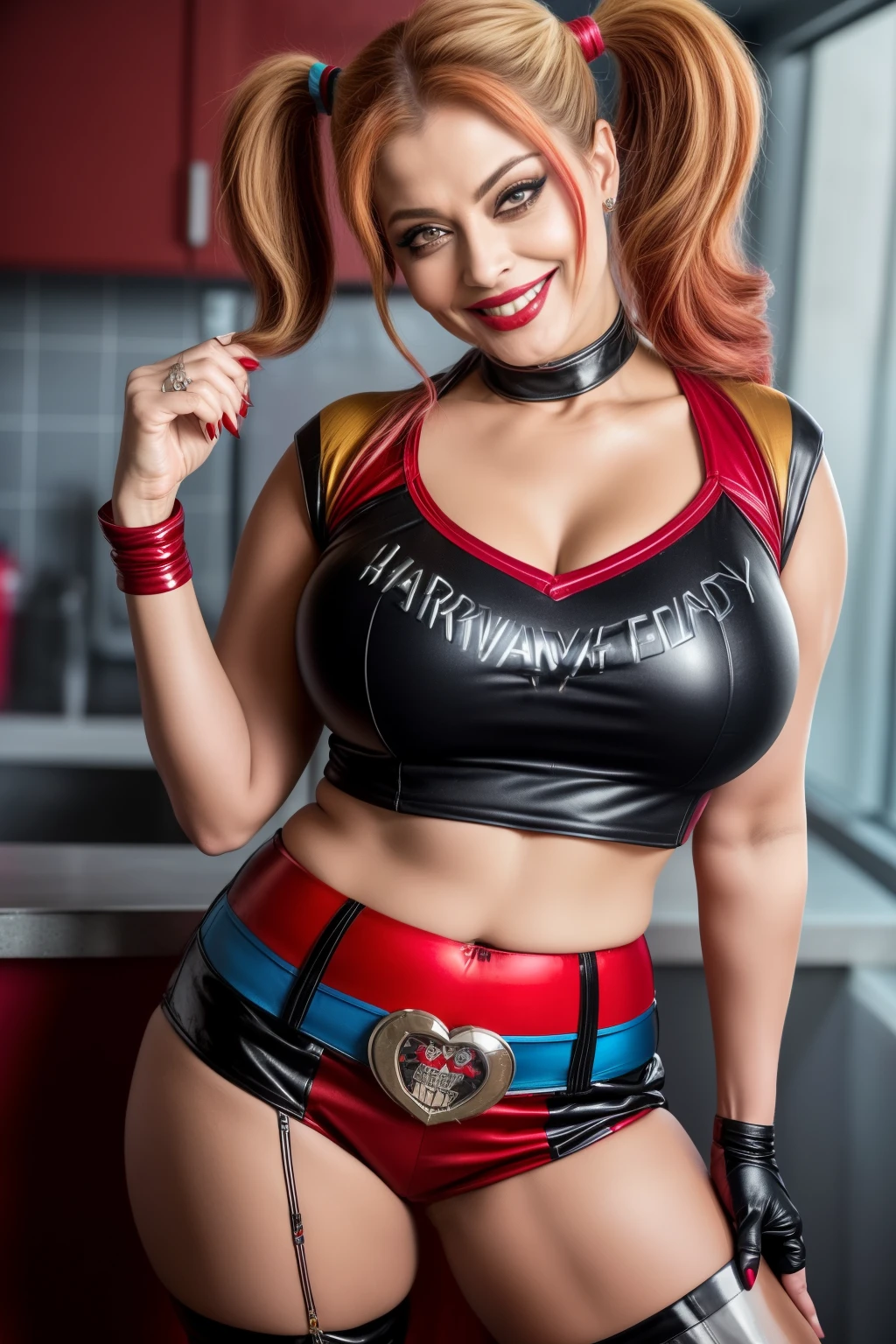 Full body photo of SEXY 50YO MATURE MILF AISHWARYA RAI as DC COMICS' HARLEY QUINN, ((FLIRTATIOUS MOCKING SMILE)), ((ponytail hair)), ((COMPLETELY DRESSED IN HARLEY QUINN COSTUME IN SHORTS & TOP))), day scene, ((curvaceous mature figure)), look straight at camera, sexy 50 yo mature MILF, soft volumetric lights, intricate details, (ArtStation:1.2)