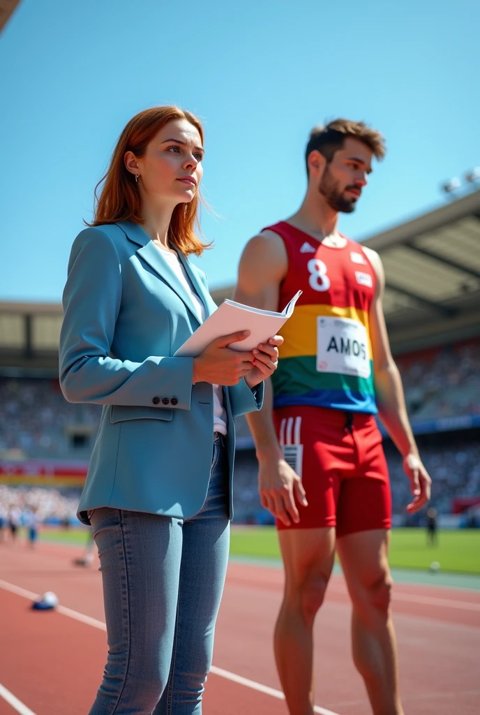 A young reporter, full-body, interviewing an athlete who didn't qualify for the 100-meter race. Both are looking ahead.