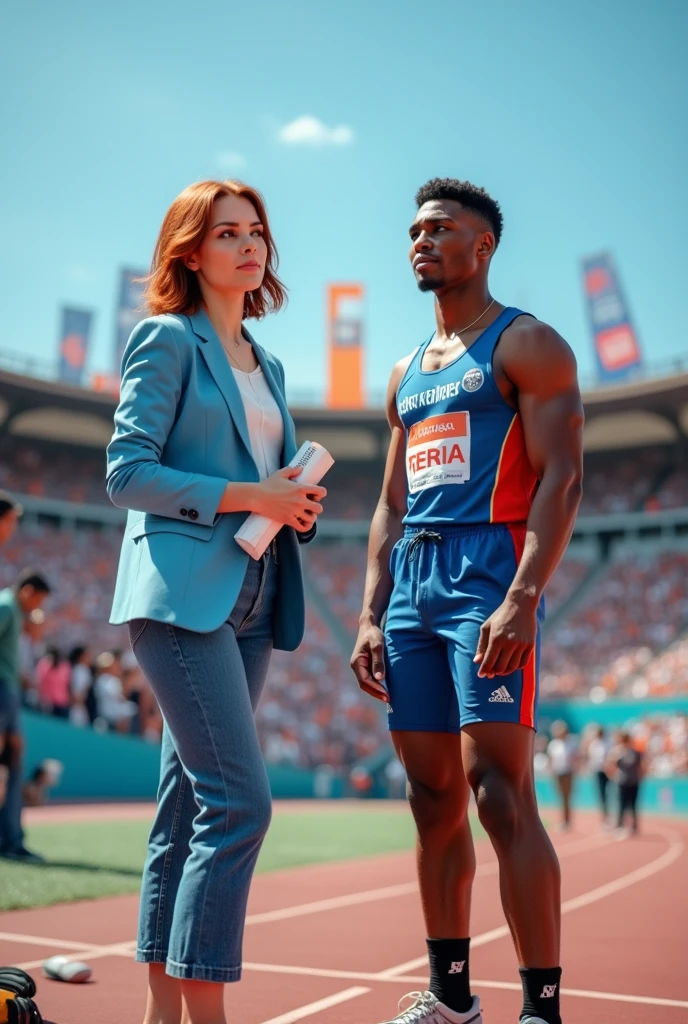 A young reporter, full-body, interviewing an athlete who didn't qualify for the 100-meter race. Both are looking ahead. 