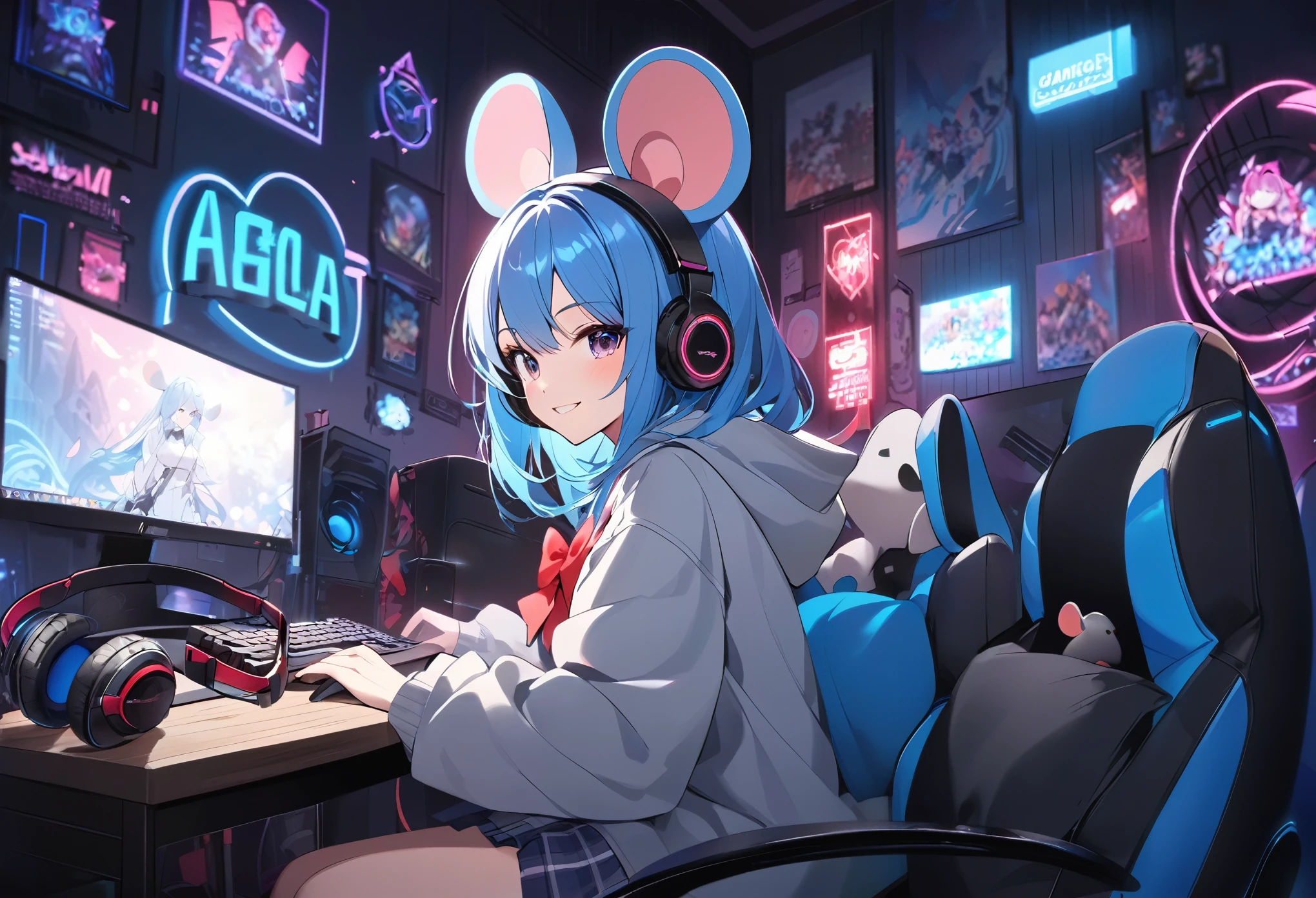 Blue Hair Girl、Hoodie with hood、{gray hoodie, hood up,Hoodie with big mouse ears}、High School Uniform、{White collared shirt、Red bow tie},smile、Dark Room、Using a gaming PC、Headphones、Desktop type gaming PC with visible internal structure illuminated by neon lights、