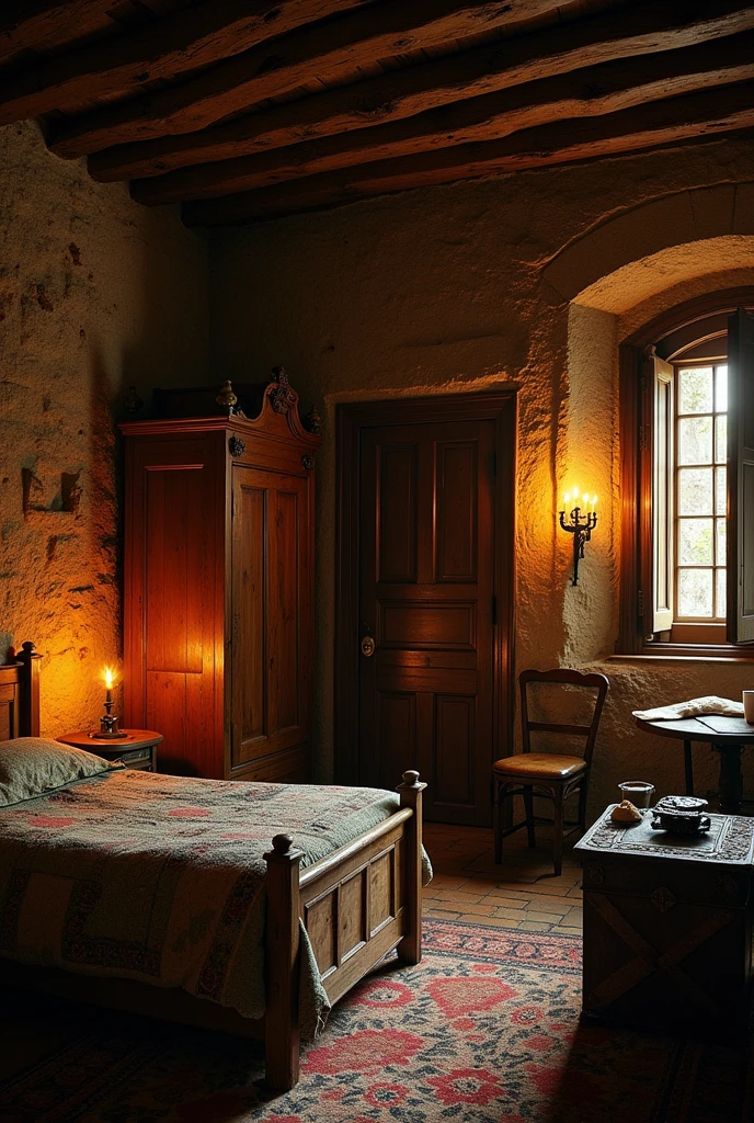 A room in an old tavern with a bed, a wardrobe, a chest, candles and a closed wooden entrance door