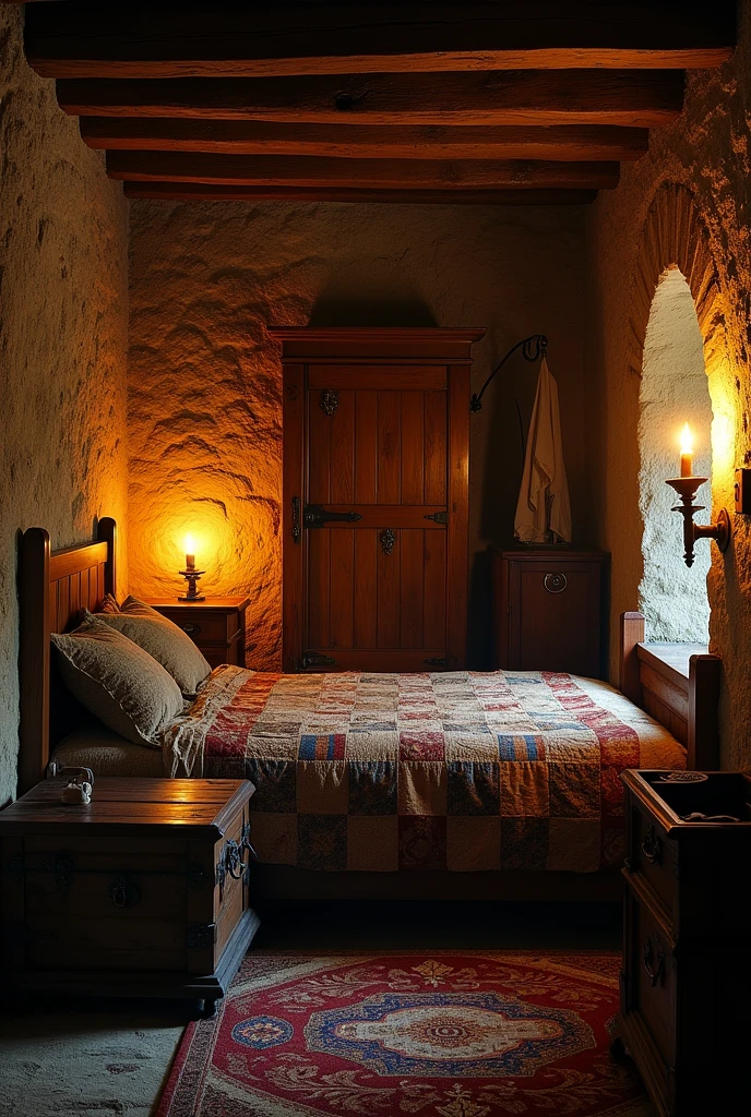 A room in an old tavern with a bed, a wardrobe, a chest, candles and a closed wooden entrance door