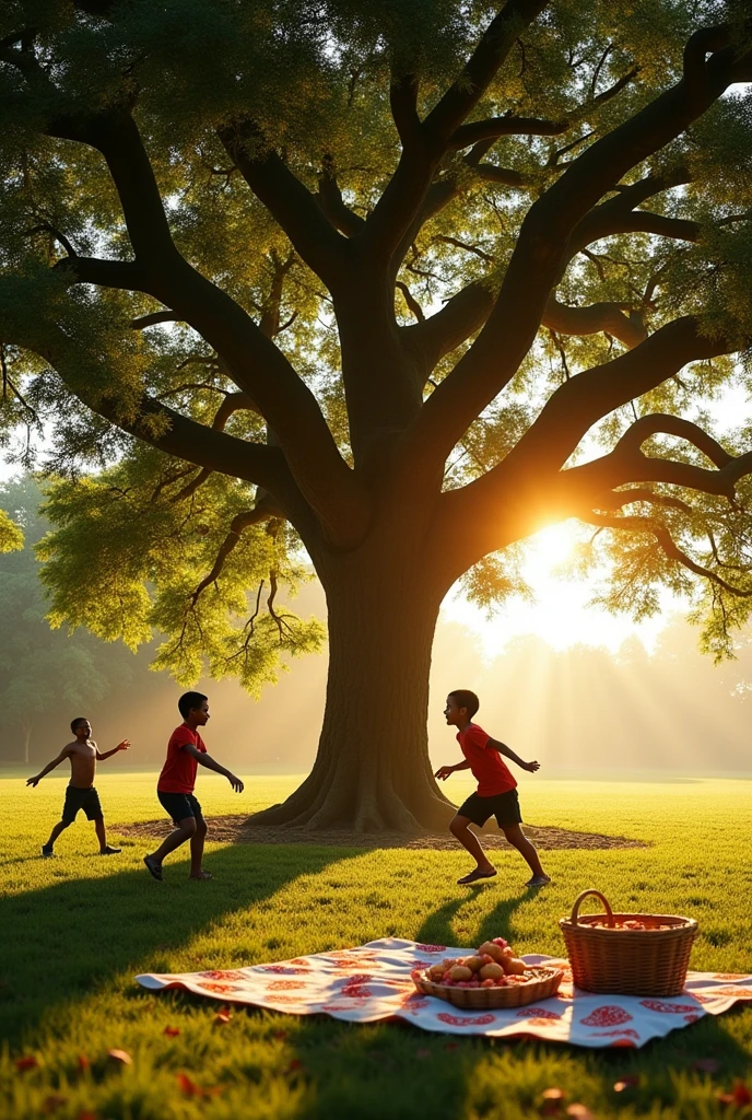 Photos of a tamarind tree with 3 boys and 1 . On a beautiful morning