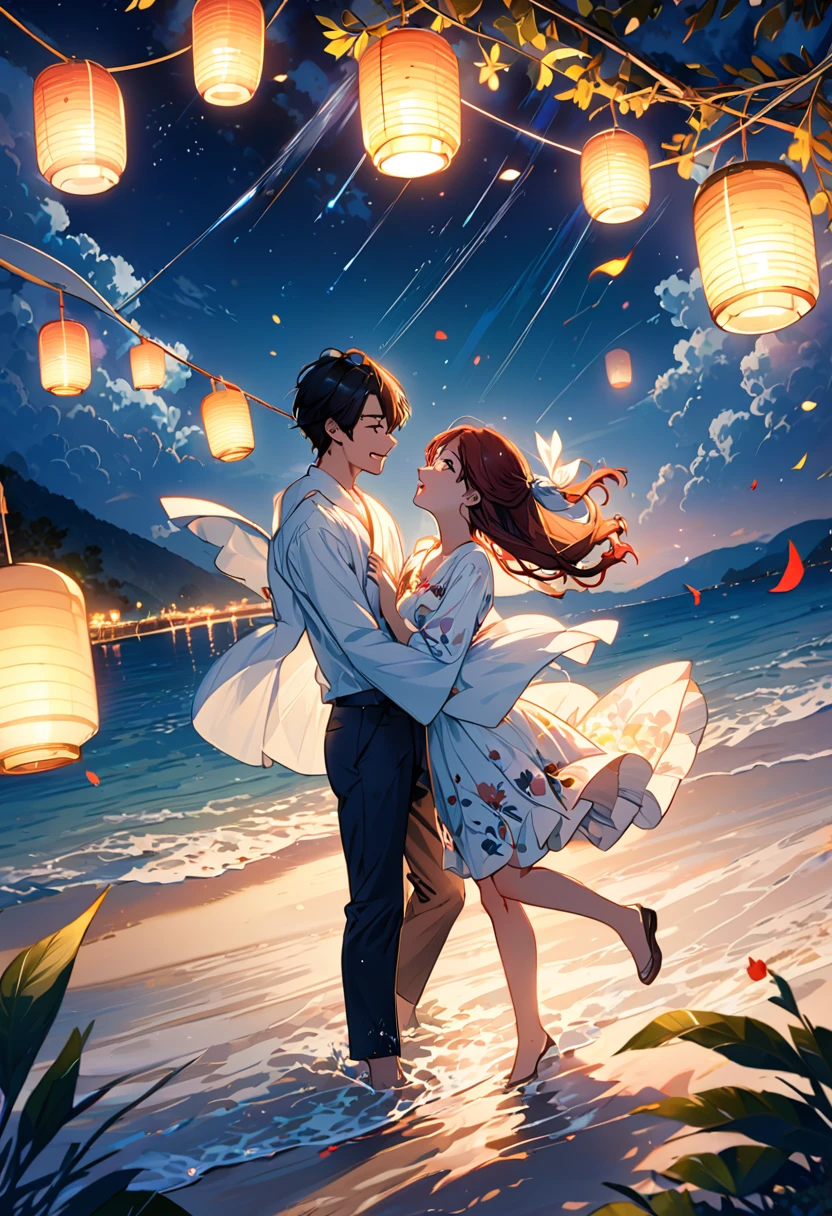 (Highest quality、Very detailed、Real:1.37)、humor、Seaside、night、Starry Sky、Manga style、Desaturate、and、Fun couple、Laughter、Floating Love、