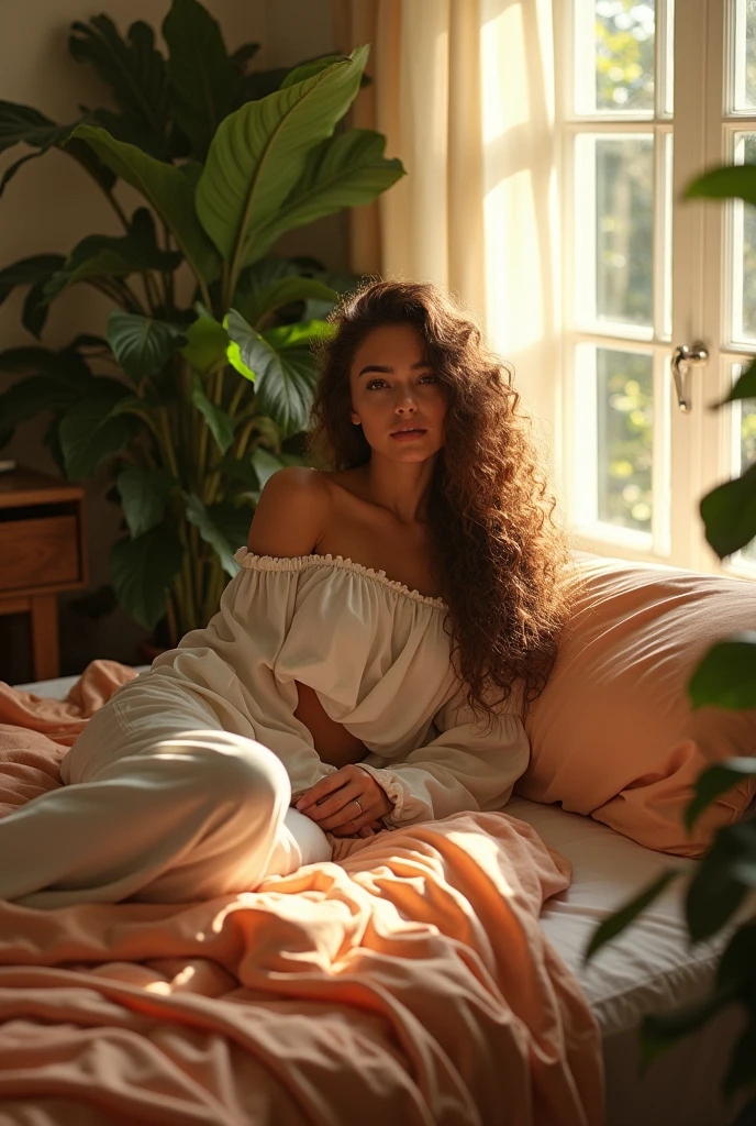 (photorealism:1.2), beautiful woman, sitting on bed, wearing loose off-shoulder top, pajama pants, long curly hair, indoors, soft lighting, plants in background, window with sunlight, cozy room, relaxed pose, realistic, intricate details, warm colors, by Greg Rutkowski, by Alphonse Mucha