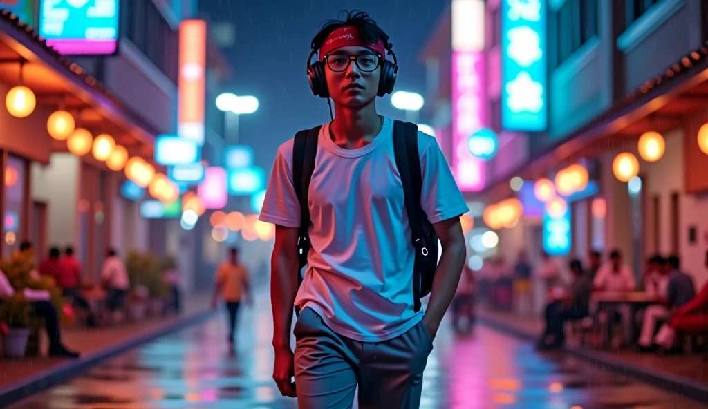 Hyper realistic, a 18 year old Indonesia man walking on the neon cyberpunk street, ideal body, look straight ahead, wearing Indonesian high school white uniform shirt and Indonesian high school grey uniform pants and black hiking hi-shoes with dark red bandana on head, wear dark leather backpack, wear headphone, masculine photoshoot pose, arrogant man expression, romantic, drizzling, Bandung night town as background. Use soft photography lighting. top lighting. top lighting, slide lighting, high quality photos, UHD, 64k. shot with Canon EOS 5D Mark IV, cinematic portrait, Realistic face, not changing face, no mustache, Real photo, unchanging face, background change. Real Picture 8k ultra, hyper detailed, sharp focus, studio photo, intricate details, highly detailed, photo real, bright colors, digital graphics, unreal engine, blender art, perfect composition, octane rendering, masterpiece, sharp focus, high detail, art station, concept art, perfect composition, a model of ultra-high quality and clarity, perfect play of light and shadow, 32k UHD, hyper-detailing, complex artistic masterpiece, ((best quality)), ((masterpiece)), (detailed), perfect face