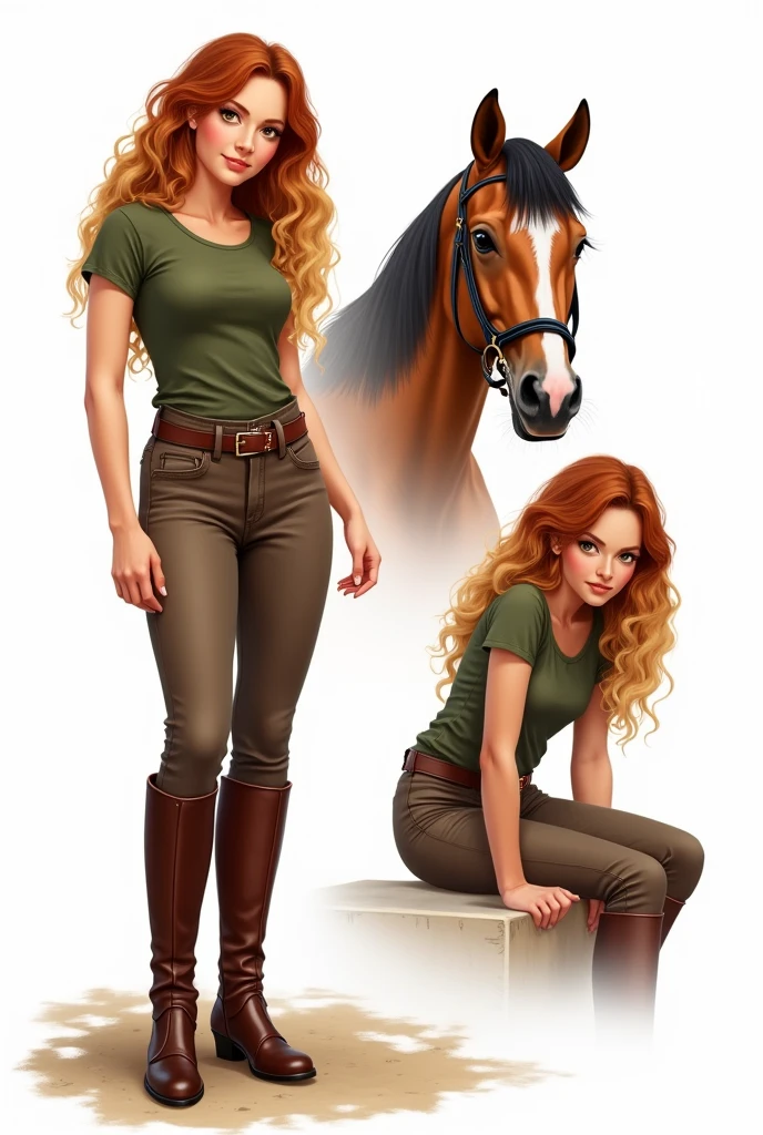 Illustration sur fond blanc. Femme aux cheveux longs, bouclés, châtain avec un dégradé blond, yeux noisette, t-shirt vert militaire, pantalon d’équitation marron avec ceinture et boots marron. Elle est dans 3 différentes situations : debout ; parle face caméra ; assise en train de regarder un cheval