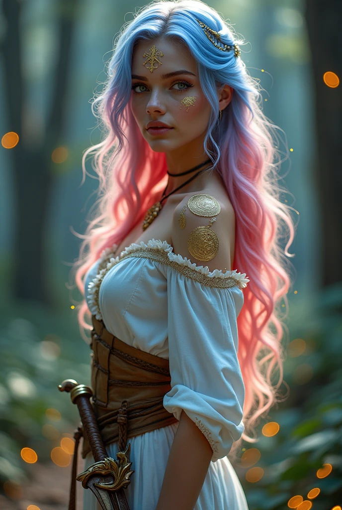 A very beautiful girl, Young and sexy, Your hair is half pink and half blue.. Your skin is white and delicate, with golden magical symbols tattooed on it, and your body is covered in a shimmering golden powder., your eyes are silver, She is noble e possui vestes chiques e elegantes porém é uma aventureira filha de uma fada, She is noble, She is also a bard and loves music, She's always with her delicate lute, besides carrying her beautiful sword, Because she is a bard, she is always with her lute in hand and her beautiful sword sheathed, She also wears high heels, She carries the mandolin in her hands and her sword at her waist..