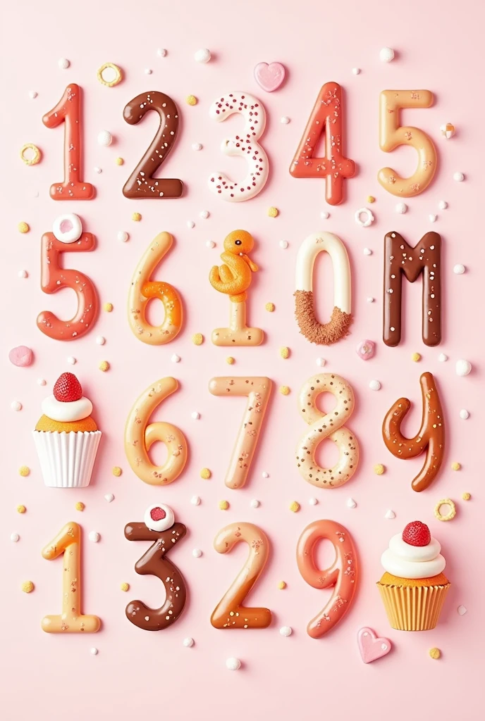 I want a picture with numbers from 1 to 30 in a row, the background in pink and with bakery drawings.