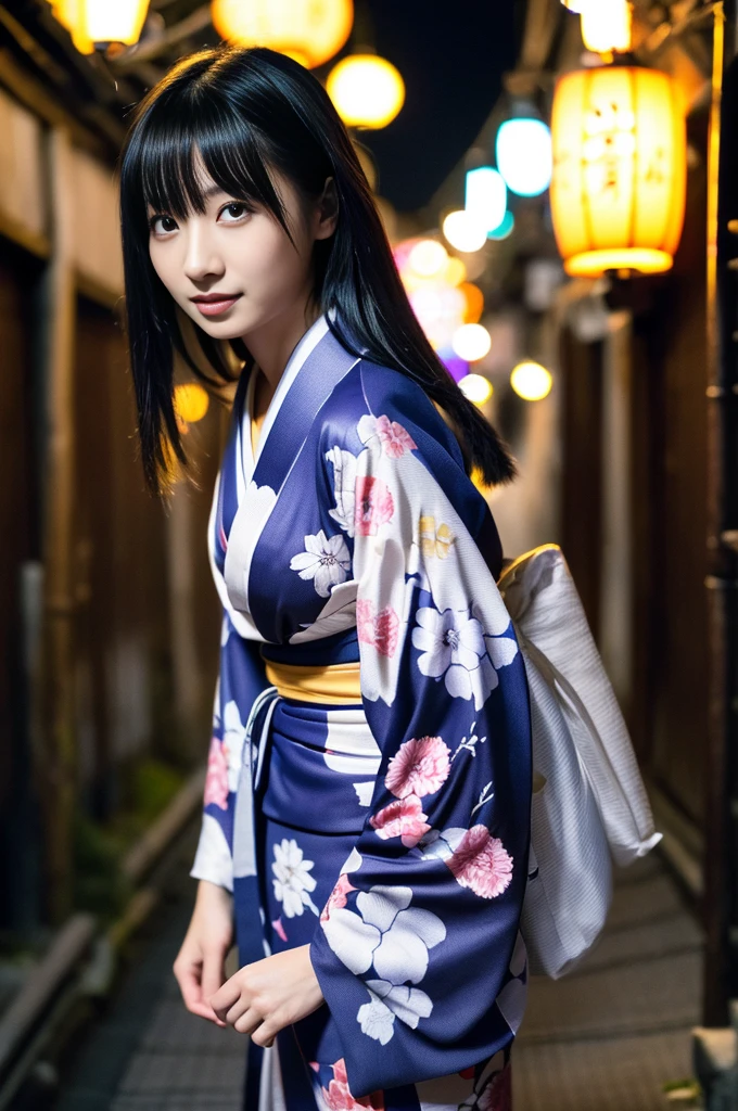 (kimono)、(((Highest quality、masterpiece、Very detailedな画像,Very high resolution))),(Realistic:1.5,RAW shooting,)超Realisticなキャプチャ,Very detailed,Human skin reproduction with 16K resolution、The skin texture is natural、Beautiful Skin、Beautiful colors.、Use natural light and color、1 adult female:24-years-old、Japanese、Beautiful woman、Beautiful black hair、(chromatic aberration) 、Overview lighting、Natural Shading)、(Kyoto、at night、Outdoor lighting)、(It's snowing:1.2)、(Hair swaying in the wind:1.2)、(Reflective Snow:1.2)