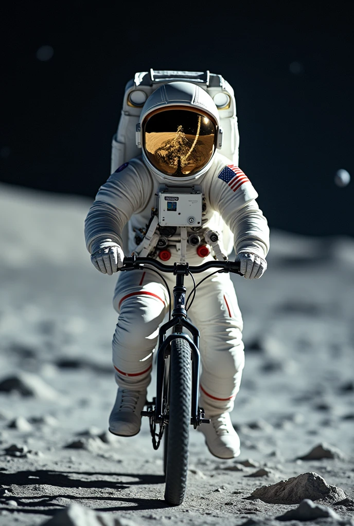 Create a hyperrealistic close-up image of an astronaut riding a bicycle on the surface of the moon. The scene focuses on the astronaut's upper body and the front of the bike, capturing the intricate details of the space suit, including the reflective visor of the helmet. The visor mirrors the Earth, distant stars, and the lunar surface, adding depth and a sense of vastness to the image.
The close-up perspective emphasizes the textures of the suit, the rugged lunar terrain beneath the wheels, and the subtle play of light and shadow. The stark contrasts between the illuminated portions of the astronaut and the deep shadows create a dramatic effect, while the background remains softly blurred, keeping the attention on the astronaut and the bike.
The overall image should evoke a sense of surreal exploration, blending the unexpected presence of the bicycle with the otherworldly environment of the moon, and capturing the quiet, vast beauty of space