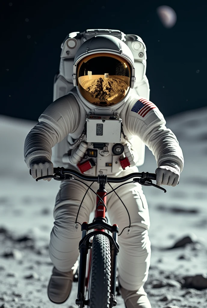 Create a hyperrealistic close-up image of an astronaut riding a bicycle on the surface of the moon. The scene focuses on the astronaut's upper body and the front of the bike, capturing the intricate details of the space suit, including the reflective visor of the helmet. The visor mirrors the Earth, distant stars, and the lunar surface, adding depth and a sense of vastness to the image.
The close-up perspective emphasizes the textures of the suit, the rugged lunar terrain beneath the wheels, and the subtle play of light and shadow. The stark contrasts between the illuminated portions of the astronaut and the deep shadows create a dramatic effect, while the background remains softly blurred, keeping the attention on the astronaut and the bike.
The overall image should evoke a sense of surreal exploration, blending the unexpected presence of the bicycle with the otherworldly environment of the moon, and capturing the quiet, vast beauty of space