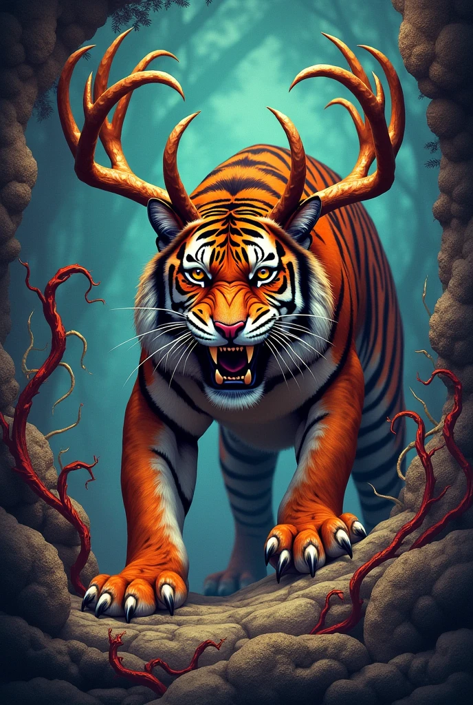 saber-toothed tiger, wild buck zombie king, mysterious thriller, colorful, vintage style, (t-shirt design), masterpiece realistic volumetric light