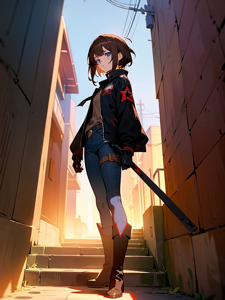 Anime girl, blue eyes, (short messy brown hair), assassin, longsleeved long jacket, black shirt with red star underneath. Black jeans, heeled ankle boots. Black gloves. Garter on left thigh. Standing in alleyway, side-facing. Sunset, long shadows, detailed shading.