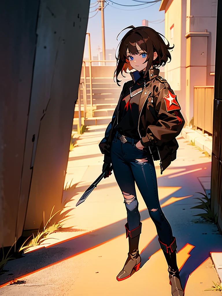 Anime girl, blue eyes, (short messy brown hair), assassin, longsleeved long jacket, black shirt with red star underneath. Black jeans, heeled ankle boots. Black gloves. Garter on left thigh. Standing in alleyway, side-facing. Sunset, long shadows, detailed shading.