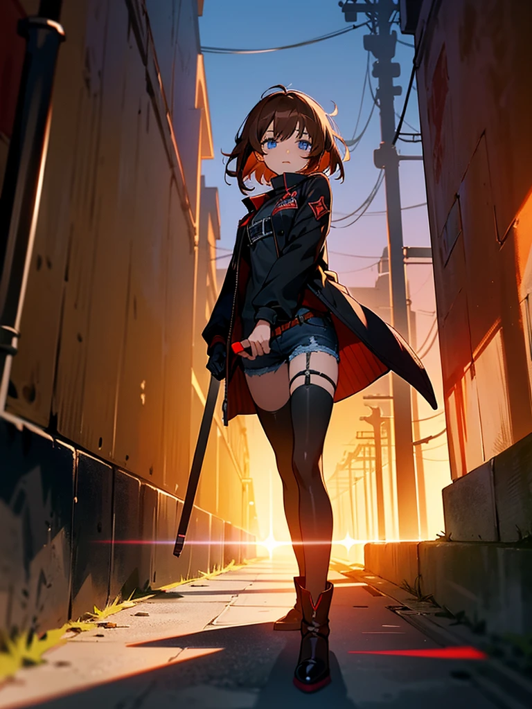 Anime girl, blue eyes, (short messy brown hair), assassin, longsleeved long jacket, black shirt with red star underneath. Black jeans, heeled ankle boots. Black gloves. Garter on left thigh. Standing in alleyway, side-facing. Sunset, long shadows, detailed shading.