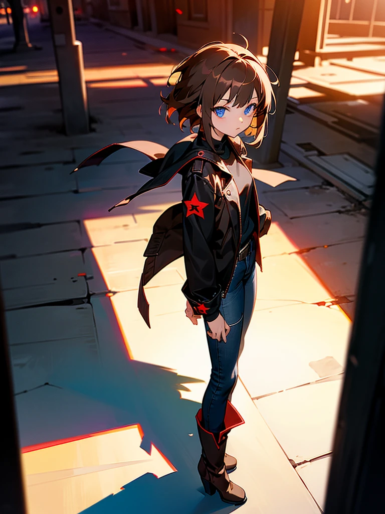 Anime girl, blue eyes, (short messy brown hair), assassin, longsleeved long jacket, black shirt with red star underneath. Black jeans, heeled ankle boots. Black gloves. Garter on left thigh. Standing in alleyway, side-facing. Sunset, long shadows, detailed shading.
