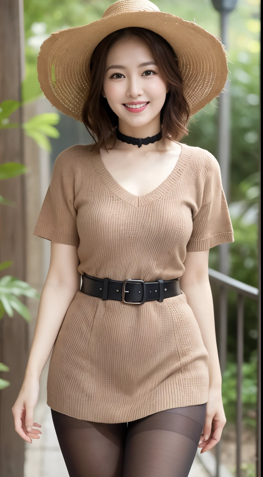 ulzzang-6500-v1.1, (RAW Photos:1.2), (Photorealistic), Beautiful details, (Genuine: 1.4), A simple 33-year-old wife、(Wear a knit dress that shows off your beautiful body line.)、(Ultra-realistic pantyhose:1.3)、Thighs Thighs、A walk in the park、height: 156cm, A little chubby、choker、Japanese Model, Short Layered Hair、Laughter、smile、Japanese, A proper Japanese woman, Japanese女神, Innocence、Large file size, High resolution, Very detailed, Highest quality, [masterpiece:1.6], Awareness-raising, Very detailed, Hmph, finely, Highest quality, 8k wallpaper, Cinema Lighting,  Cute droopy eyes、Beautiful big eyes、Just Piece)), Highest quality, One mature woman, eye shadow, Portraiture, (((Full Body Shot:1.3)))、((とても愛情深いsmile:1.2))、((Very long legs:1.3)),(elegant brown hair:1.4)),((Short Hairstyles:1.4)), 　Glowing Skin、Exposed thighs!!!、