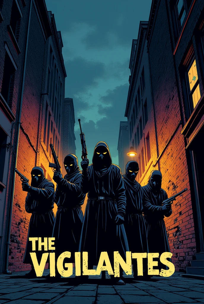 A slogan illustration of the word "THE VIGILANTES" with guns and knifes