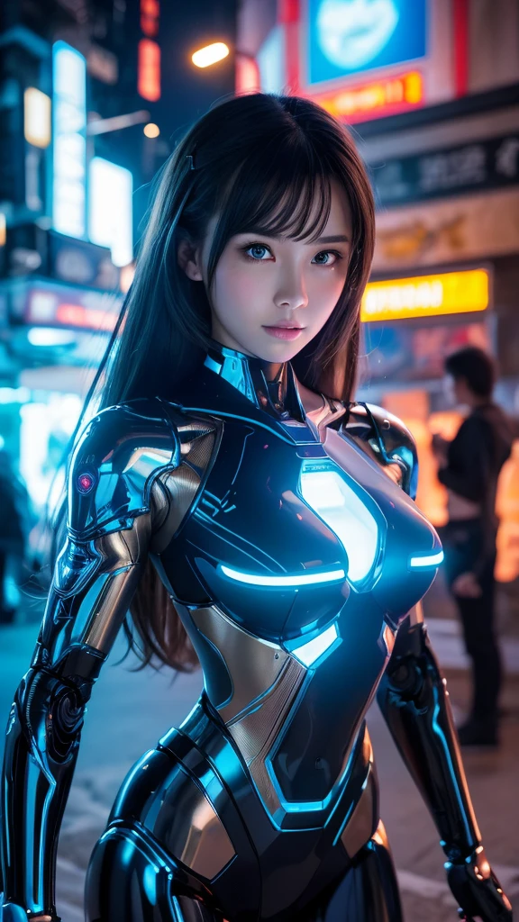 Amazing artificial intelligence, Beautiful woman with a robot body, Ultra-realistic, Movie angle, Blue neon blurry background, Apparent circuit,  Vibrant, detailed, Zubrash, Manga illustration, Trending on Art Station. Peter Moerbacher, From wlop, Luan Jia, Alphonse Mucha, By Dmitry Prozorov, Norman Rockwell,