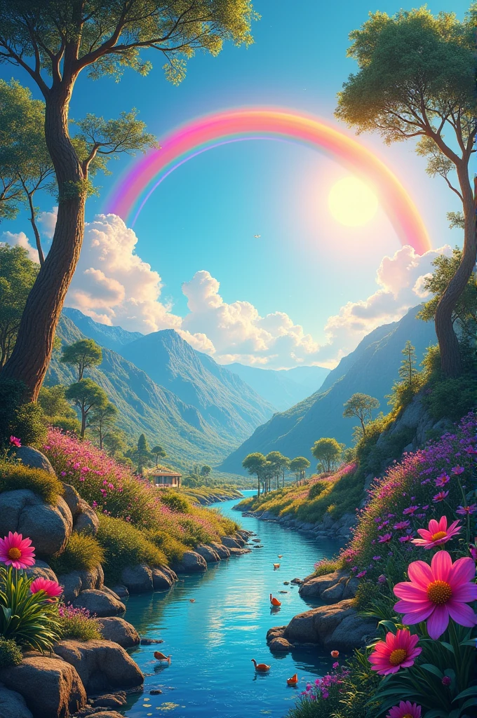 A vibrant rainbow under a beautiful sun. New world with new things.