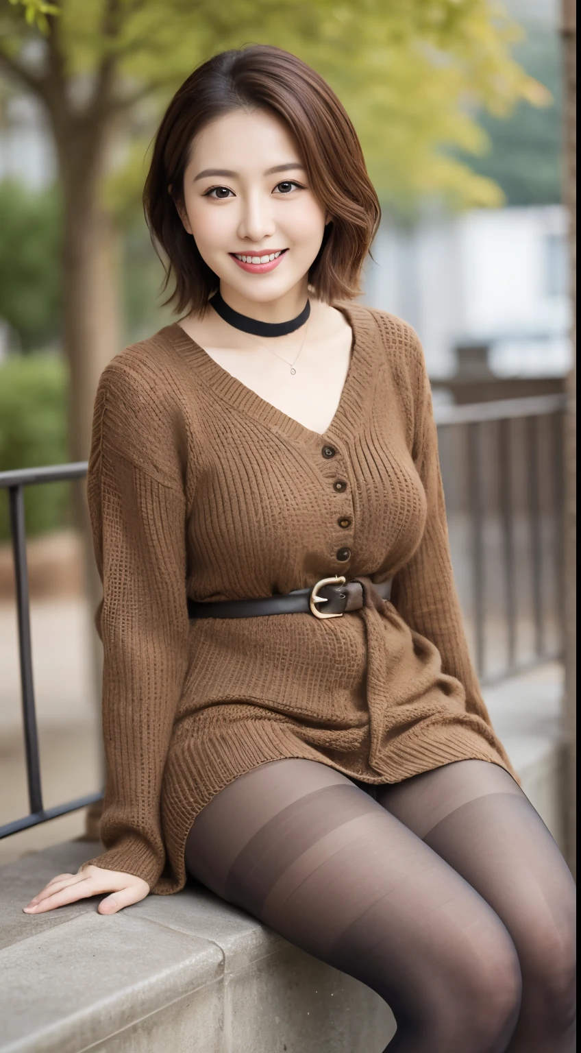 ulzzang-6500-v1.1, (RAW Photos:1.2), (Photorealistic), Beautiful details, (Genuine: 1.4), A simple 33-year-old wife、(Wear a knit dress that shows off your beautiful body line.)、(Ultra-realistic pantyhose:1.3)、Thighs Thighs、A walk in the park、height: 156cm, A little chubby、choker、Japanese Model, Short Layered Hair、Laughter、smile、Japanese, A proper Japanese woman, Japanese女神, Innocence、Large file size, High resolution, Very detailed, Highest quality, [masterpiece:1.6], Awareness-raising, Very detailed, Hmph, finely, Highest quality, 8k wallpaper, Cinema Lighting,  Cute droopy eyes、Beautiful big eyes、Just Piece)), Highest quality, One mature woman, eye shadow, Portraiture, (((Full Body Shot:1.3)))、((とても愛情深いsmile:1.2))、((Very long legs:1.3)),(elegant brown hair:1.4)),((Short Hairstyles:1.4)), 　Glowing Skin、Exposed thighs!!!、