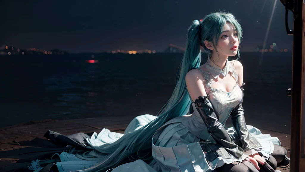 masterpiece,Game Art,Best picture quality,Maximum resolution,8k,(Upper Body,ambush),Unreal Engine 5 rendering works,Ray Tracing,RAW photos,(((Hatsune Miku Character))), (((Tosca Hair Color))), ((Long double ponytail hairstyle)), Enjoy the scenery, Focus on the Horizon, (((Perfect eyes))), (((Smile))), 21-year-old girl, Perfect body, (((Perfect anatomical structure))), Tosca Eye Color, Double eyelids, (((Small breasts))), Very detailed skin texture, (Realistic skin), Ultra-fine face, Delicate lips, (((Delicate eyes))), (((Double eyelids))), necklace, Moist skin, Wet hair, Simple background, (Front focus), (On the peaks:1.2), (((Night Atmosphere))), Deep Dark, Surrealist Portraits of Women by David Hockney and Alphonse Mucha, Fantasy Art, (((Photo-realistic))), ((Dynamic poses)), (((World Model Poses))), Dynamic Lighting, Art Station, poster, Volumetric Lighting, Very detailed faces, 4K, in the darkness, (((Night Atmosphere))), ((Deep Shadows)), Low profile, Cowboy shooting, (((Red long skirt))), Lighting Dress, (((Erotic lace dress))), (((stocking))),((3D Unreal Engine)),OC rendering reflection mode