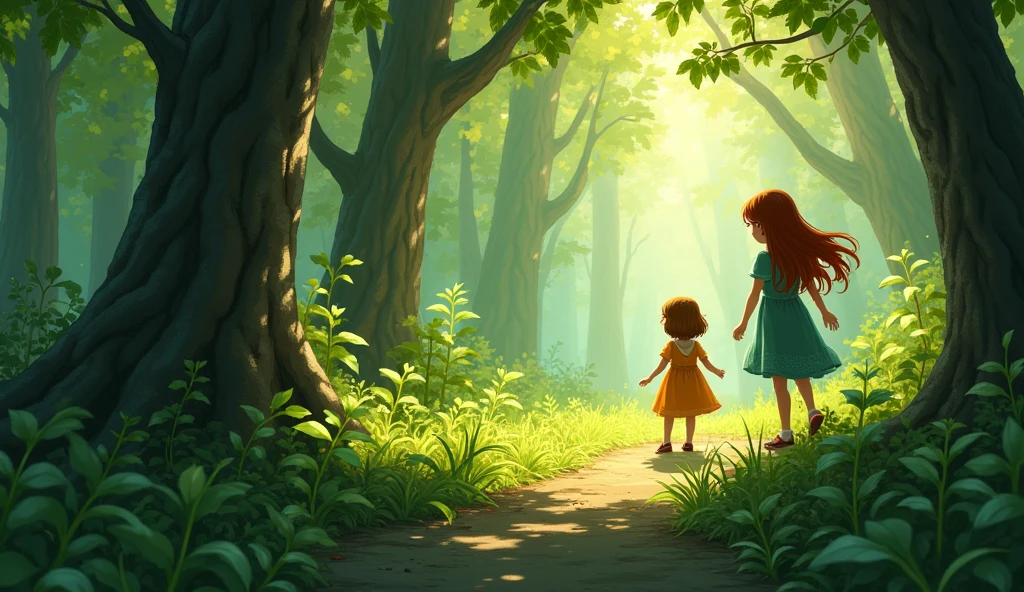An older sister looking for a younger sister in the forest