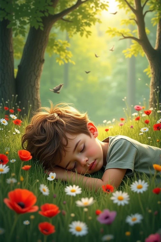 A boy while sleep on nature place like flowers &forests