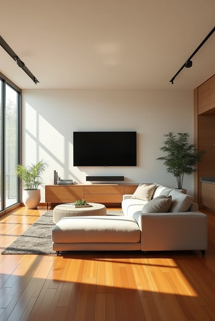 A large room with a sofa, television modern, wood floor come, painted walls