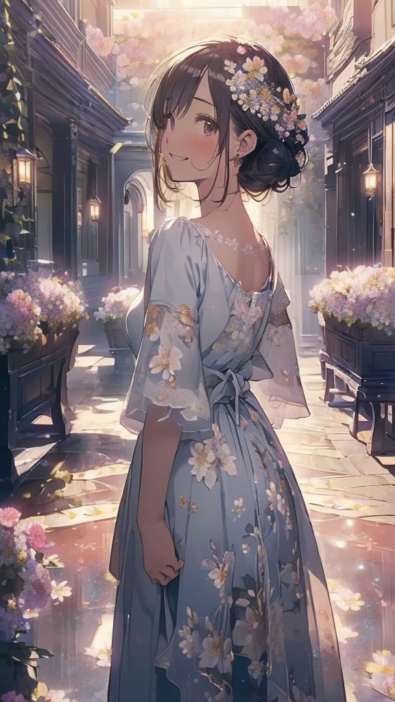 (((masterpiece)))、(((Highest quality)))、((Very detailed))、(Consciousness upward)、((Very delicate and beautiful))、明るいsmile、floating、(Detailed light) (one person&#39;s)、、alone、Long-haired、The wind is blowing、world、（Cute eyes）Absurd, High resolution, (Official Art, beautifully、beautiful:1.2), (close:1.2), Front Configuration, 
one person&#39;s, (Long Hair:1.2), Wavy Hair, smile, 
(Everywhere in the Courtyard:1.6), (Flower effect:1.2), (Floral Background:1.2), (Floral background:1.4), (Fancy Background:1.1),
