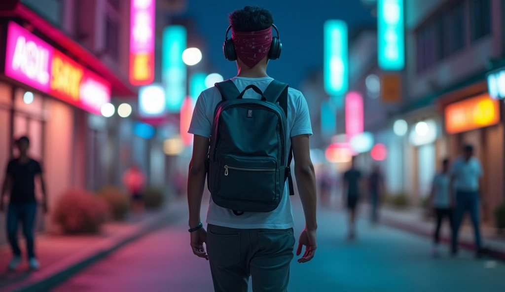 Hyper realistic, a 17 year old Indonesia man walking on the neon cyberpunk street, ideal body, look straight ahead, wearing Indonesian high school white short uniform shirt and Indonesian high school grey uniform pants and black hiking hi-shoes with dark red bandana that covers the hair, wear dark leather backpack, wear headphone, masculine photoshoot pose, arrogant man expression, romantic, Bandung night town as background. Use soft photography lighting. top lighting. top lighting, slide lighting, high quality photos, UHD, 64k. shot with Canon EOS 5D Mark IV, cinematic portrait, Realistic face, not changing face, no mustache, Real photo, unchanging face, background change. Real Picture 8k ultra, hyper detailed, sharp focus, studio photo, intricate details, highly detailed, photo real, bright colors, digital graphics, unreal engine, blender art, perfect composition, octane rendering, masterpiece, sharp focus, high detail, art station, concept art, perfect composition, a model of ultra-high quality and clarity, perfect play of light and shadow, 32k UHD, hyper-detailing, complex artistic masterpiece, ((best quality)), ((masterpiece)), (detailed), perfect face